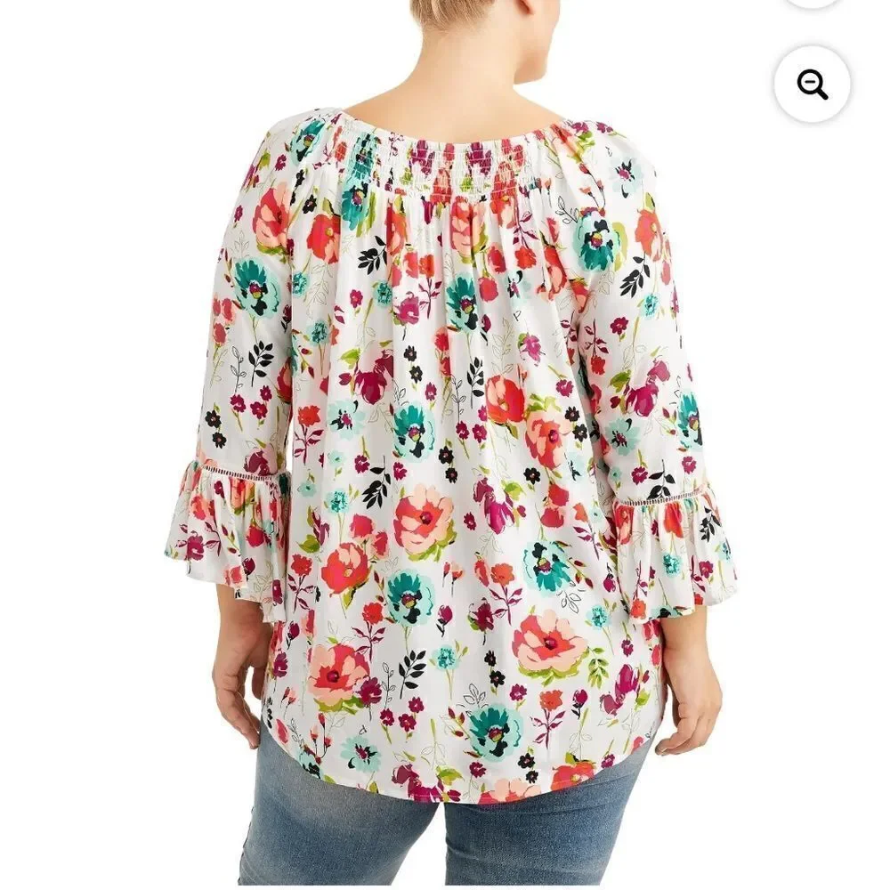 Terra & Sky White Floral lightweight soft woven knit fabric, 3/4-length sleeves